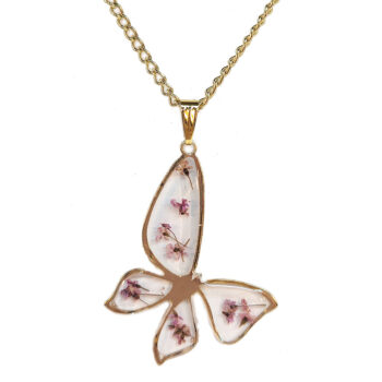 Butterfly Real Dried Pink Flowers Resin Necklace Gold