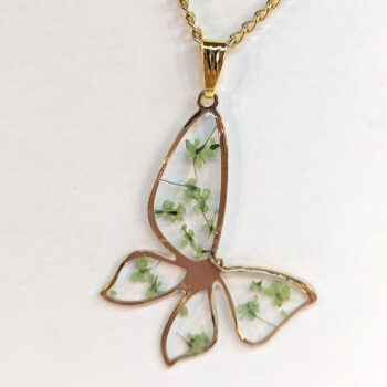 Butterfly Real Dried Green Flowers Resin Necklace Gold - Image 5