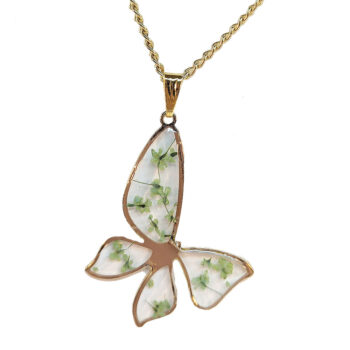 Butterfly Real Dried Green Flowers Resin Necklace Gold