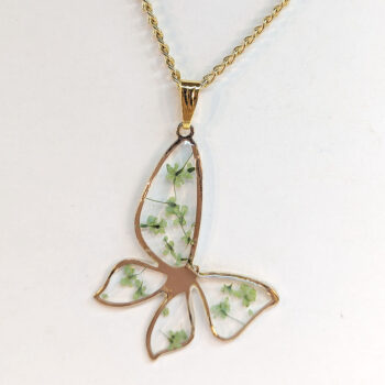 Butterfly Real Dried Green Flowers Resin Necklace Gold - Image 4