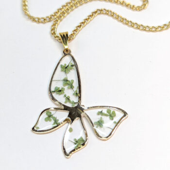 Butterfly Real Dried Green Flowers Resin Necklace Gold - Image 6