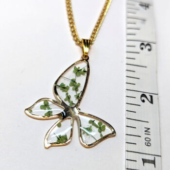 Butterfly Real Dried Green Flowers Resin Necklace Gold - Image 3