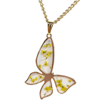 Butterfly Real Dried Yellow Flowers Resin Necklace Gold