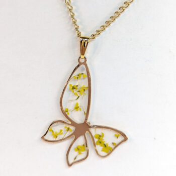 Butterfly Real Dried Yellow Flowers Resin Necklace Gold - Image 4