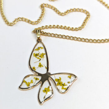 Butterfly Real Dried Yellow Flowers Resin Necklace Gold - Image 6