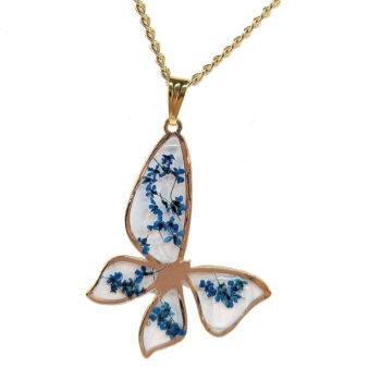 Butterfly Real Dried Blue Flowers Resin Necklace Gold