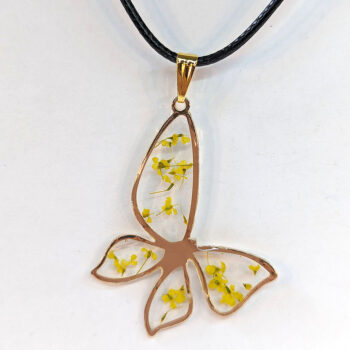 Butterfly Real Dried Yellow Flowers Resin Necklace Gold - Image 2