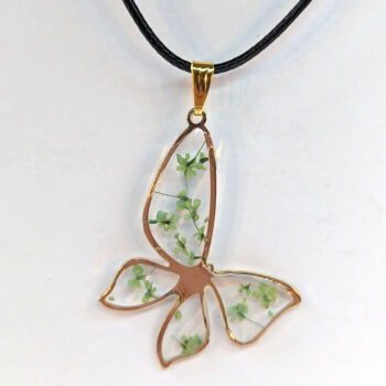 Butterfly Real Dried Green Flowers Resin Necklace Gold - Image 2