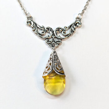 Antique Silver Yellow Teardrop Crystal Drop Vintage Style Necklace