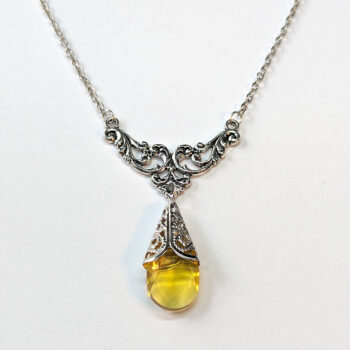 Antique Silver Yellow Teardrop Crystal Drop Vintage Style Necklace - Image 3