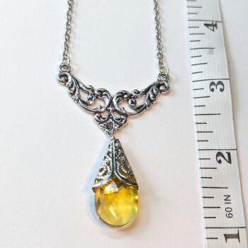 Antique Silver Yellow Teardrop Crystal Drop Vintage Style Necklace - Image 2