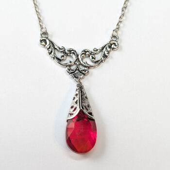 Antique Silver Red Teardrop Crystal Drop Vintage Style Necklace