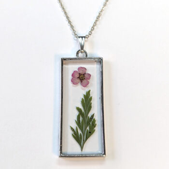 Long Rectangle Real Dried Pink Flower Furn Leaf Resin Necklace - Image 3