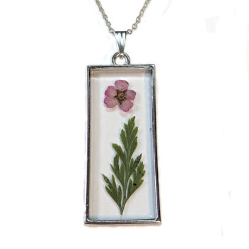 Long Rectangle Real Dried Pink Flower Furn Leaf Resin Necklace