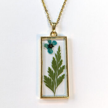 Long Rectangle Real Dried Blue Flower Furn Leaf Resin Necklace - Image 3