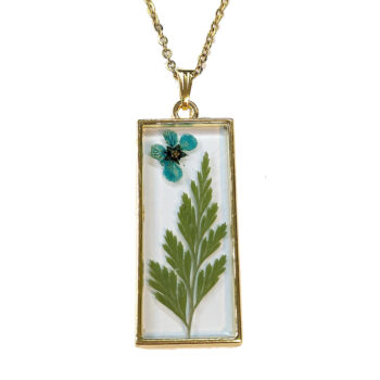 Long Rectangle Real Dried Blue Flower Furn Leaf Resin Necklace