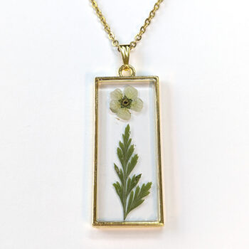 Long Rectangle Real Dried White Flower Furn Leaf Resin Necklace