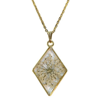 Diamond Real Dried White Flower Resin Necklace