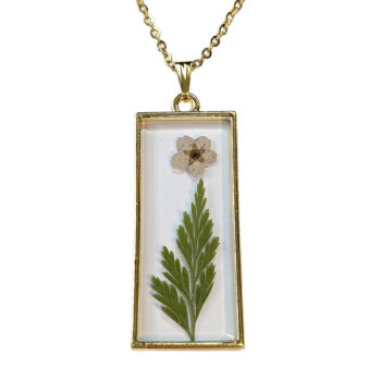 Long Rectangle Real Dried Cream Flower Furn Leaf Resin Necklace