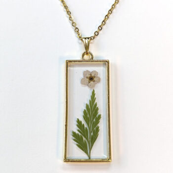 Long Rectangle Real Dried Cream Flower Furn Leaf Resin Necklace - Image 3