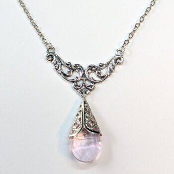 Antique Silver Pink Teardrop Crystal Drop Vintage Style Necklace - Image 3