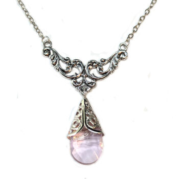 Antique Silver Pink Teardrop Crystal Drop Vintage Style Necklace