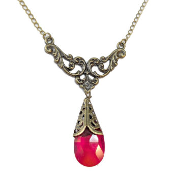 Antique Bronze Red Teardrop Crystal Drop Vintage Style Necklace