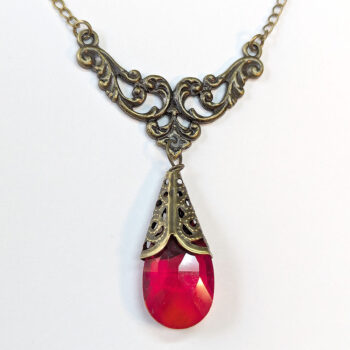 Antique Bronze Red Teardrop Crystal Drop Vintage Style Necklace - Image 3