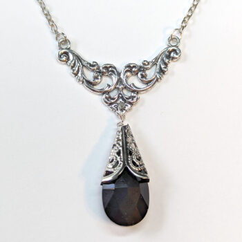 Antique Silver Black Teardrop Crystal Drop Vintage Style Necklace