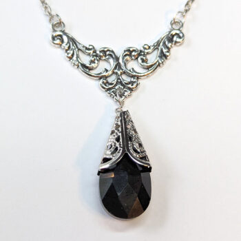 Antique Silver Black Teardrop Crystal Drop Vintage Style Necklace - Image 3