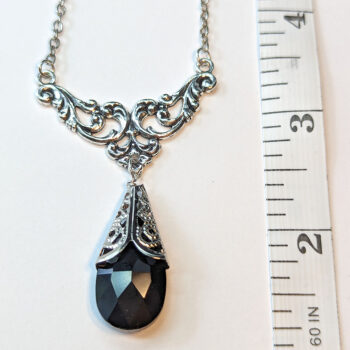 Antique Silver Black Teardrop Crystal Drop Vintage Style Necklace - Image 2