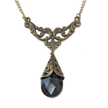 Antique Bronze Black Teardrop Crystal Drop Vintage Style Necklace