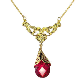 Gold Red Teardrop Crystal Drop Vintage Style Necklace