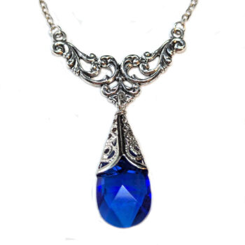 Antique Silver Blue Teardrop Crystal Drop Vintage Style Necklace