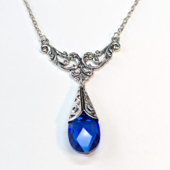 Antique Silver Blue Teardrop Crystal Drop Vintage Style Necklace - Image 3