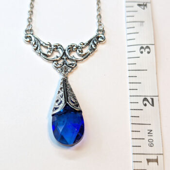 Antique Silver Blue Teardrop Crystal Drop Vintage Style Necklace - Image 2