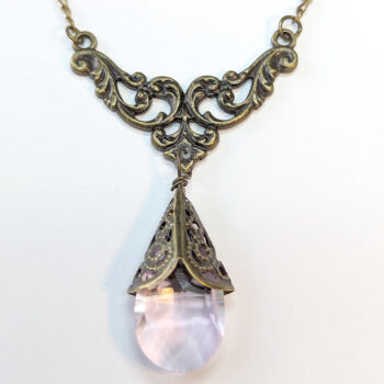 Antique Bronze Pink Teardrop Crystal Drop Vintage Style Necklace - Image 3