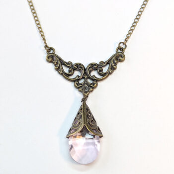 Antique Bronze Pink Teardrop Crystal Drop Vintage Style Necklace