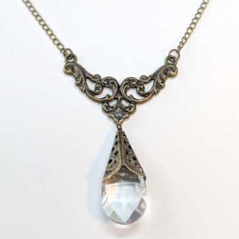 Antique Bronze Clear Teardrop Crystal Drop Vintage Style Necklace