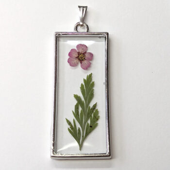 Rectangle Real Dried Green Furn Pink Flower Resin Pendant