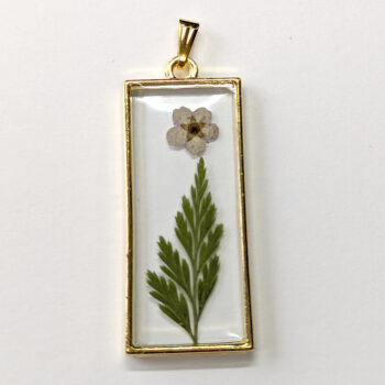 Rectangle Real Dried Green Furn Cream Flower Resin Pendant