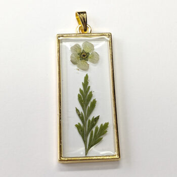 Rectangle Real Dried Green Furn White Flower Resin Pendant