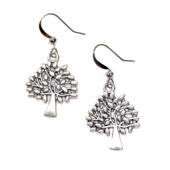 Antique Silver Small Tree With Leaf Leaves Earrings