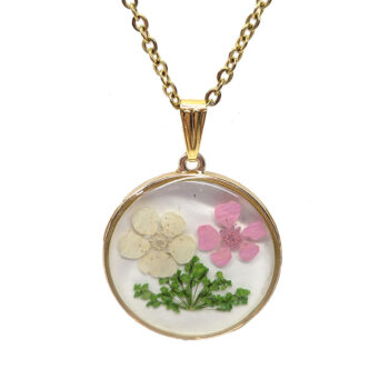 Real Dried Green Pink White Flowers Resin Round Necklace Gold