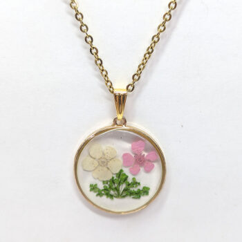 Real Dried Green Pink White Flowers Resin Round Necklace Gold - Image 3