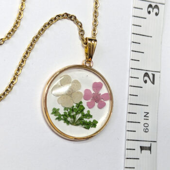 Real Dried Green Pink White Flowers Resin Round Necklace Gold - Image 2