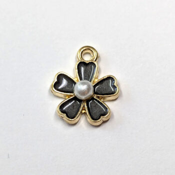 Black Grey Flower With Pearl Enamel Charm Gold