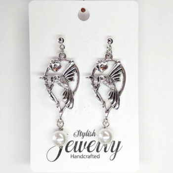 Antique Silver Hummingbird Bird in Hoop With Pearl Earrings - Image 6