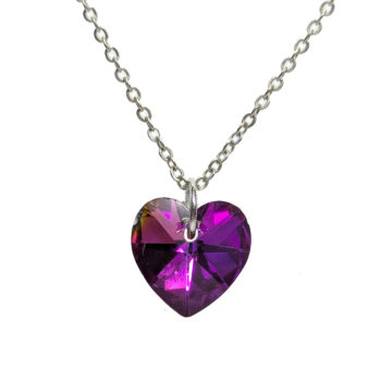 Purple Shiny Glass Rhinestone Heart Necklace Silver