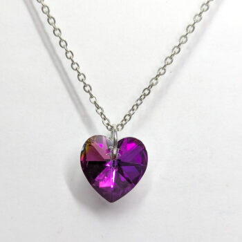 Purple Shiny Glass Rhinestone Heart Necklace Silver - Image 3